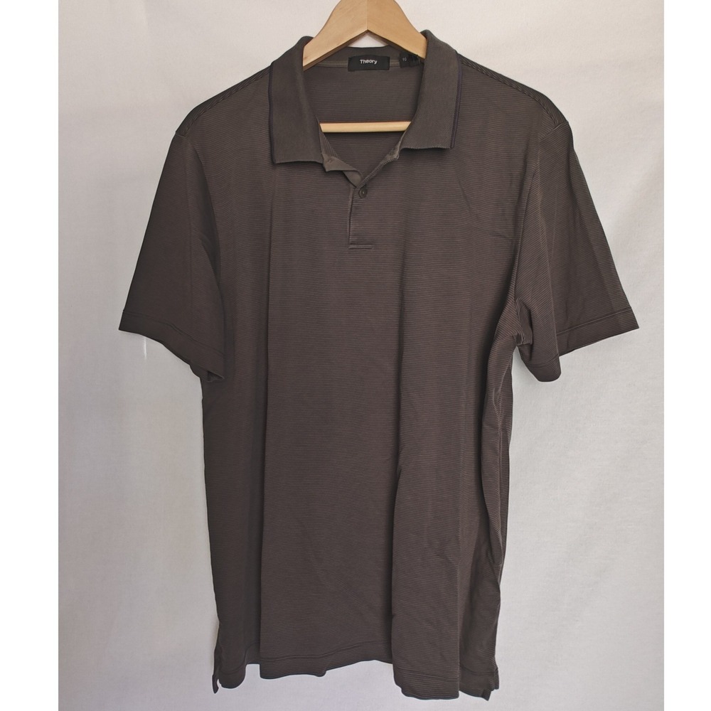 Theory The‎ Standard Polo Current Stripe Gray Black Pima Cotton Blend XL